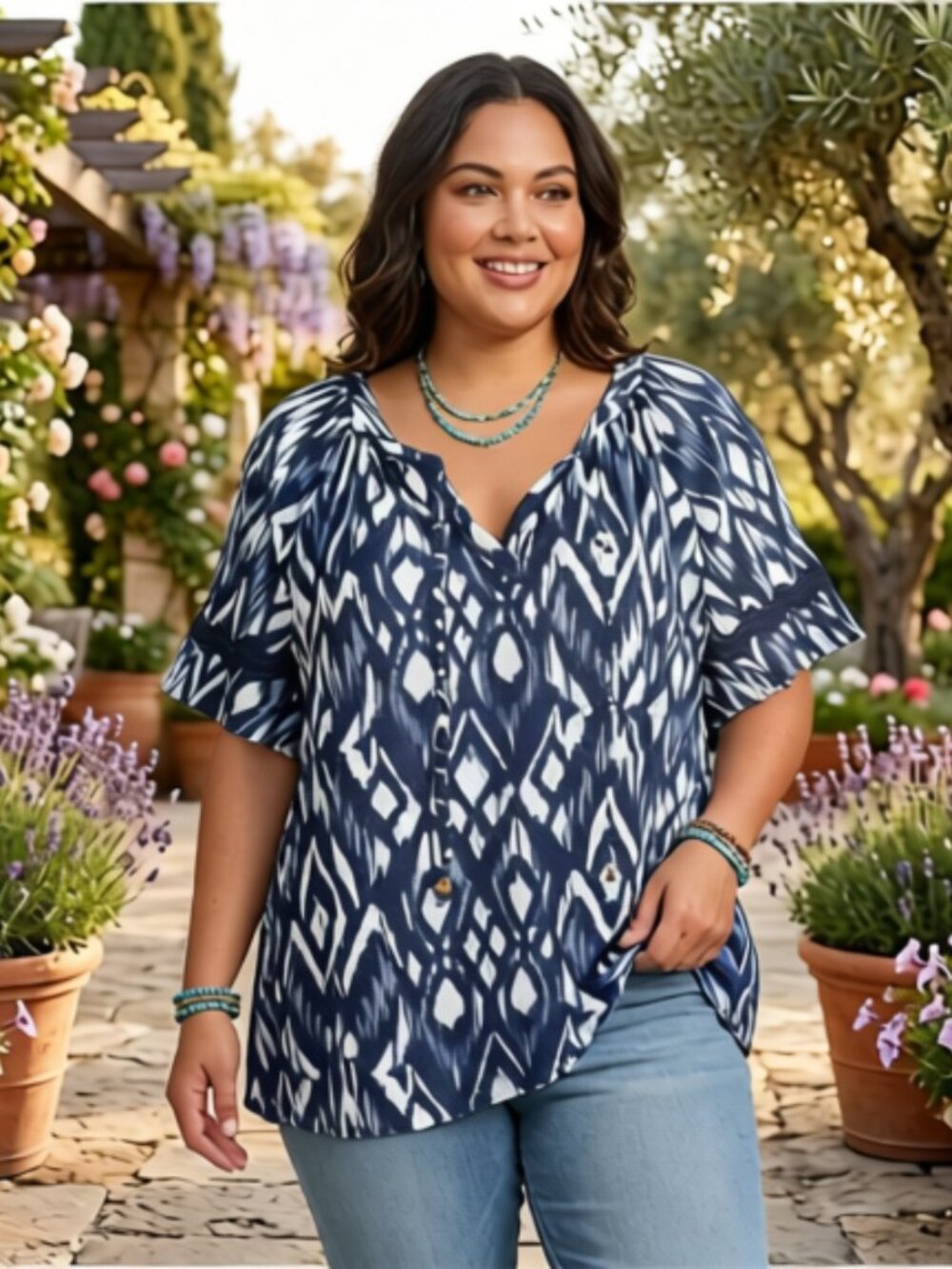 Como Blu Women's Peasant Blouse Size 3X Blue Crochet Lace Trim Boho Top NWT